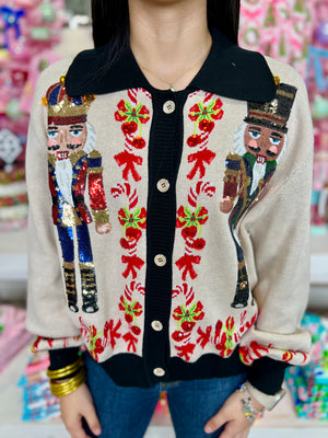Black Trim Collar Nutcracker & Candy Cane Button Up Cardigan | Queen of Sparkles