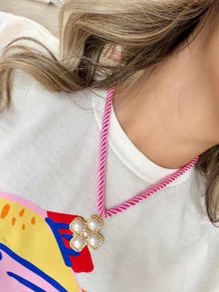 Hot Pink Rope Necklace-pearl cross