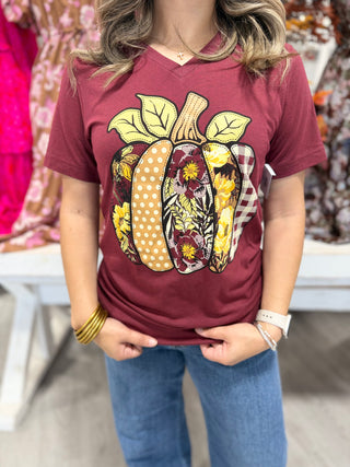 Floral & Patterned Pumpkin V-Neck Tee