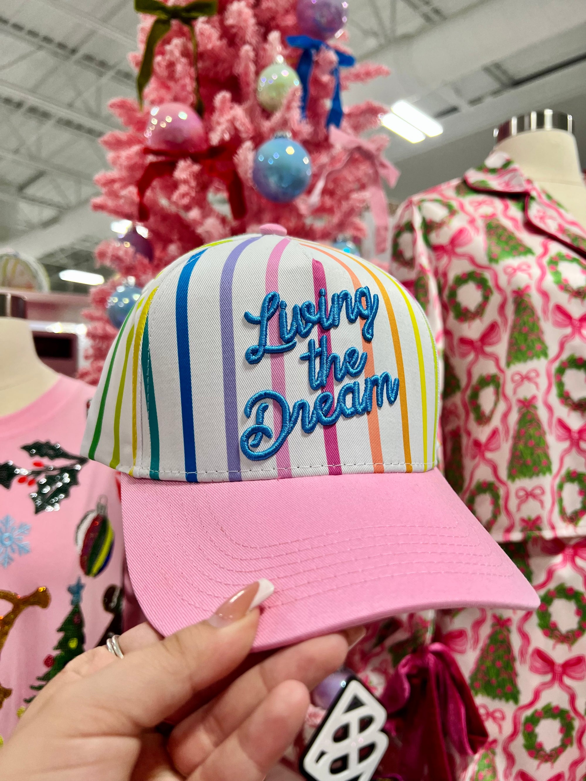 Embroidered Baseball Cap -"Living the Dream"-Colorful + Pink