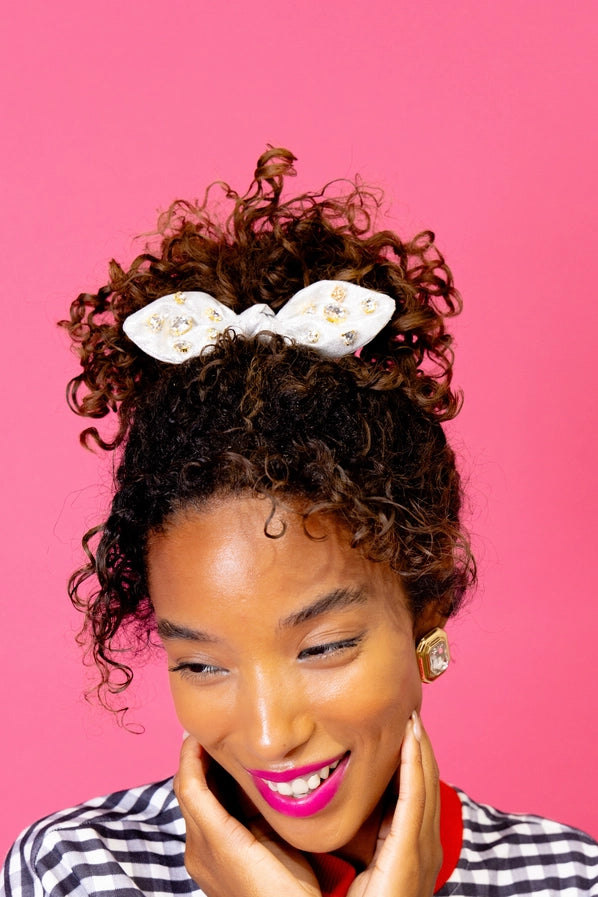 Shimmer Bow Scrunchie with Hand Sewn Crystals in Silver