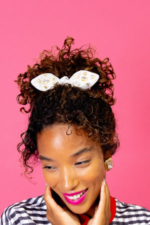 Shimmer Bow Scrunchie with Hand Sewn Crystals in Silver