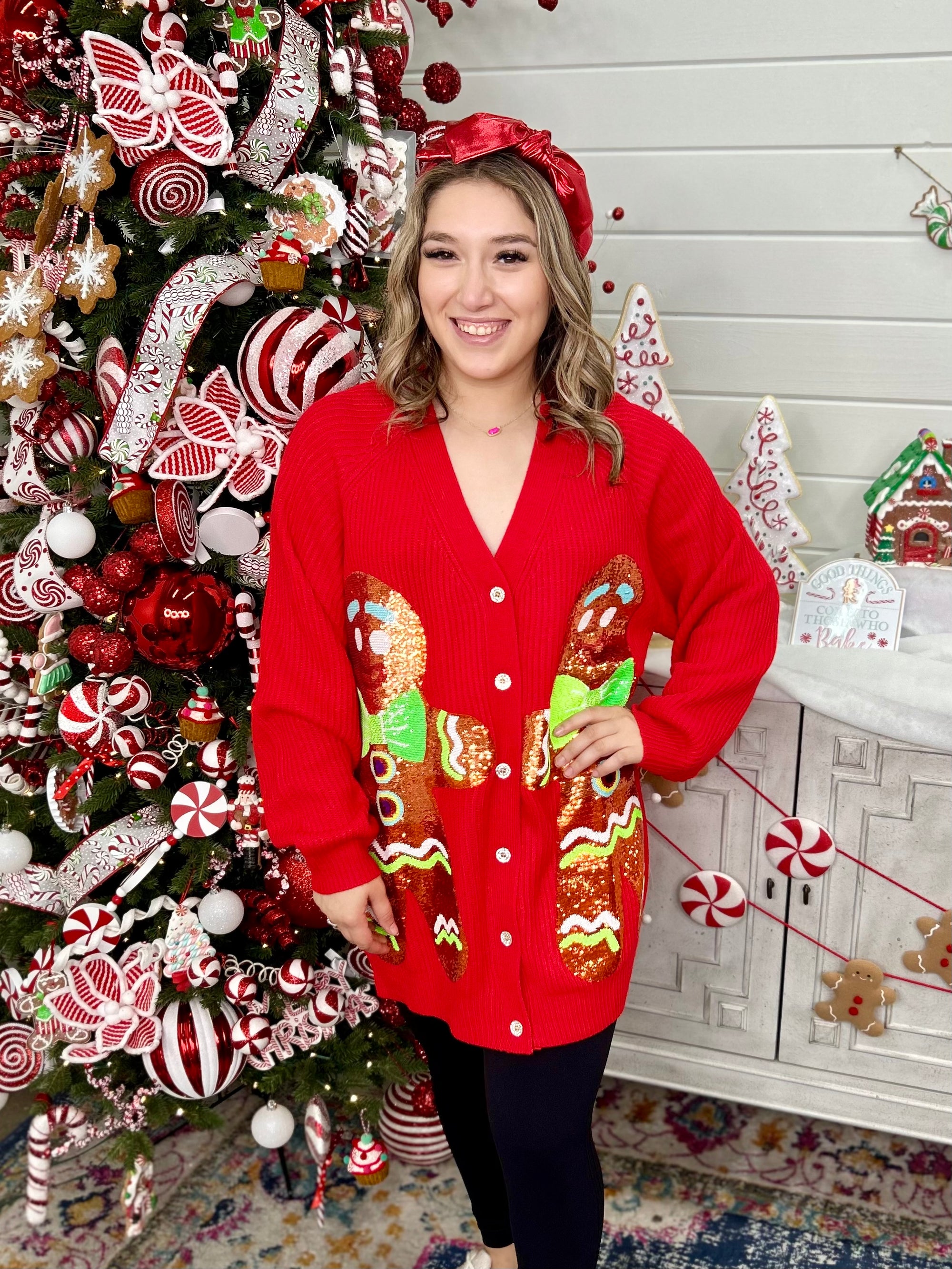 RED GINGERBREAD HOUSE CARDIGAN DRESS