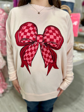 WAFFLE KNIT BOW SWEATER