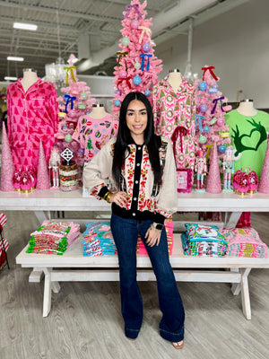 Black Trim Collar Nutcracker & Candy Cane Button Up Cardigan | Queen of Sparkles