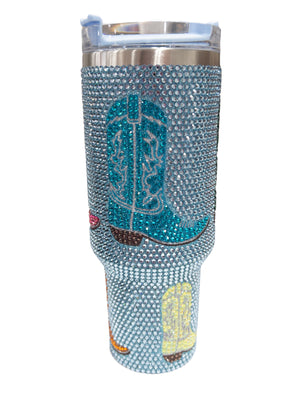 QUEEN OF SPARKLES BLUE COWBOY BOOT RHINESTONE TUMBLER