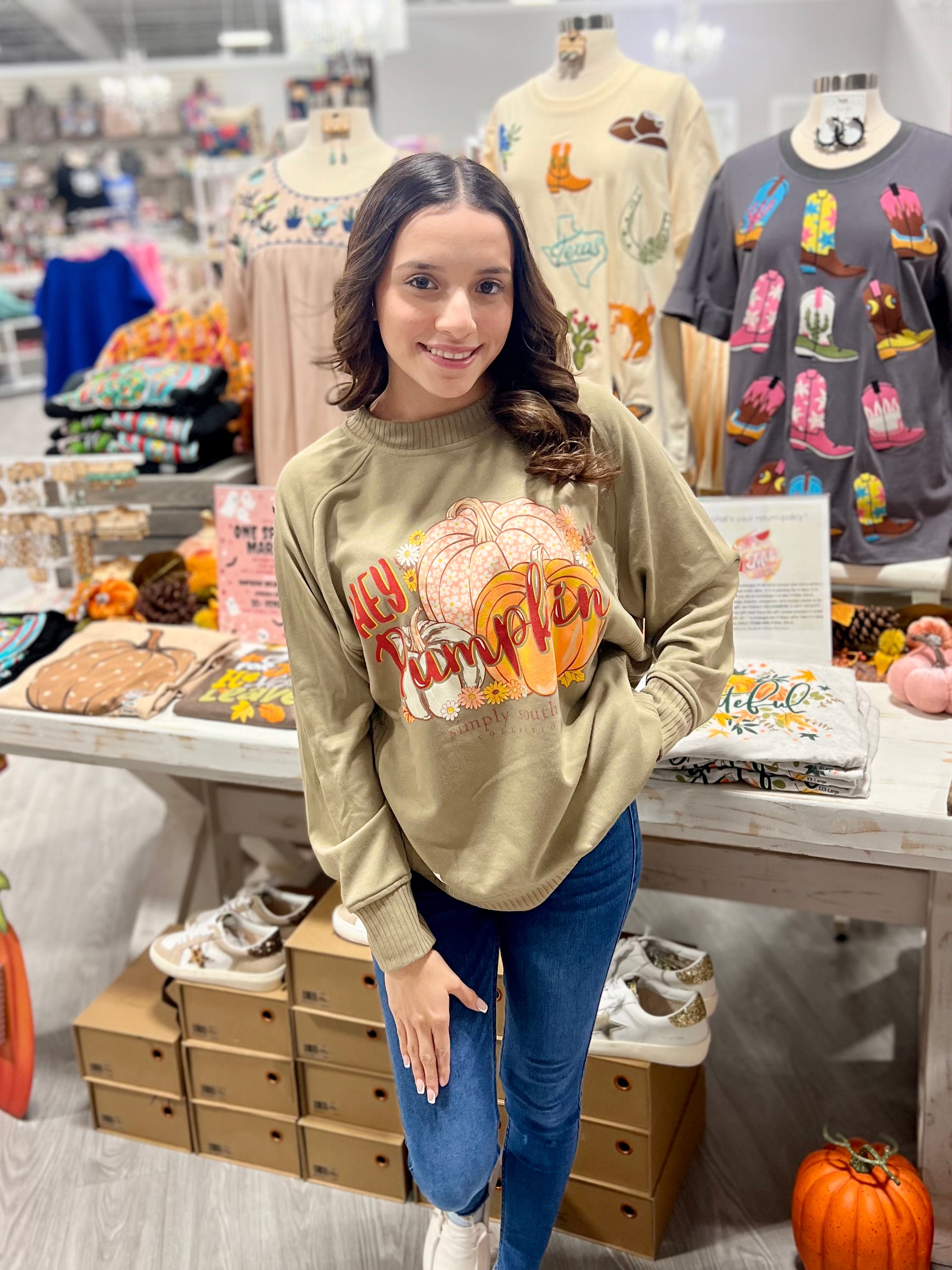 HEY PUMPKIN OLIVE SWEATSHIRT