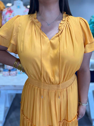 SATIN MARIGOLD RUFFLE DRESS