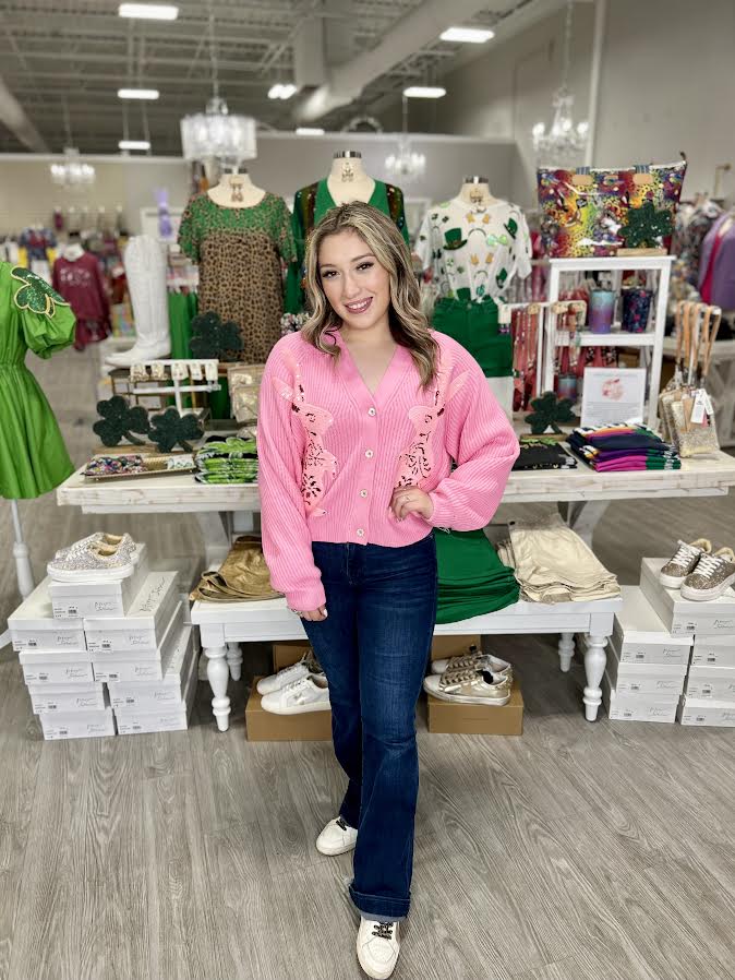 QUEEN OF SPARKLES PINK BUNNY CARDIGAN