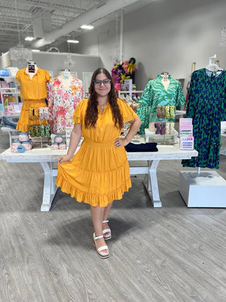 SATIN MARIGOLD RUFFLE DRESS
