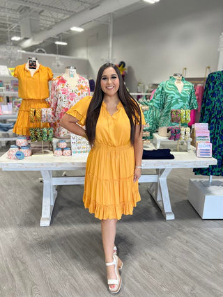 SATIN MARIGOLD RUFFLE DRESS