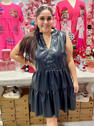 BLACK RUFFLE FAUX LEATHER DRESS