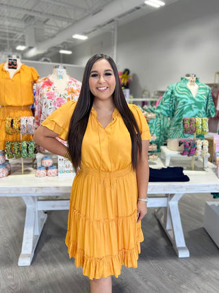 SATIN MARIGOLD RUFFLE DRESS
