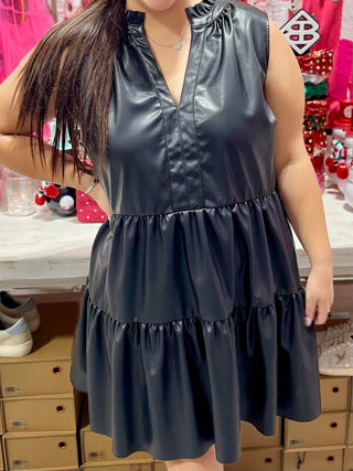 BLACK RUFFLE FAUX LEATHER DRESS