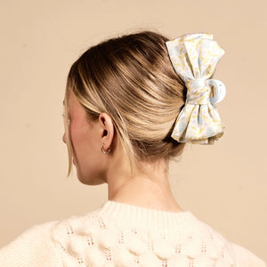 Poppin' Petals Aqua- Satin Bow Claw Clip