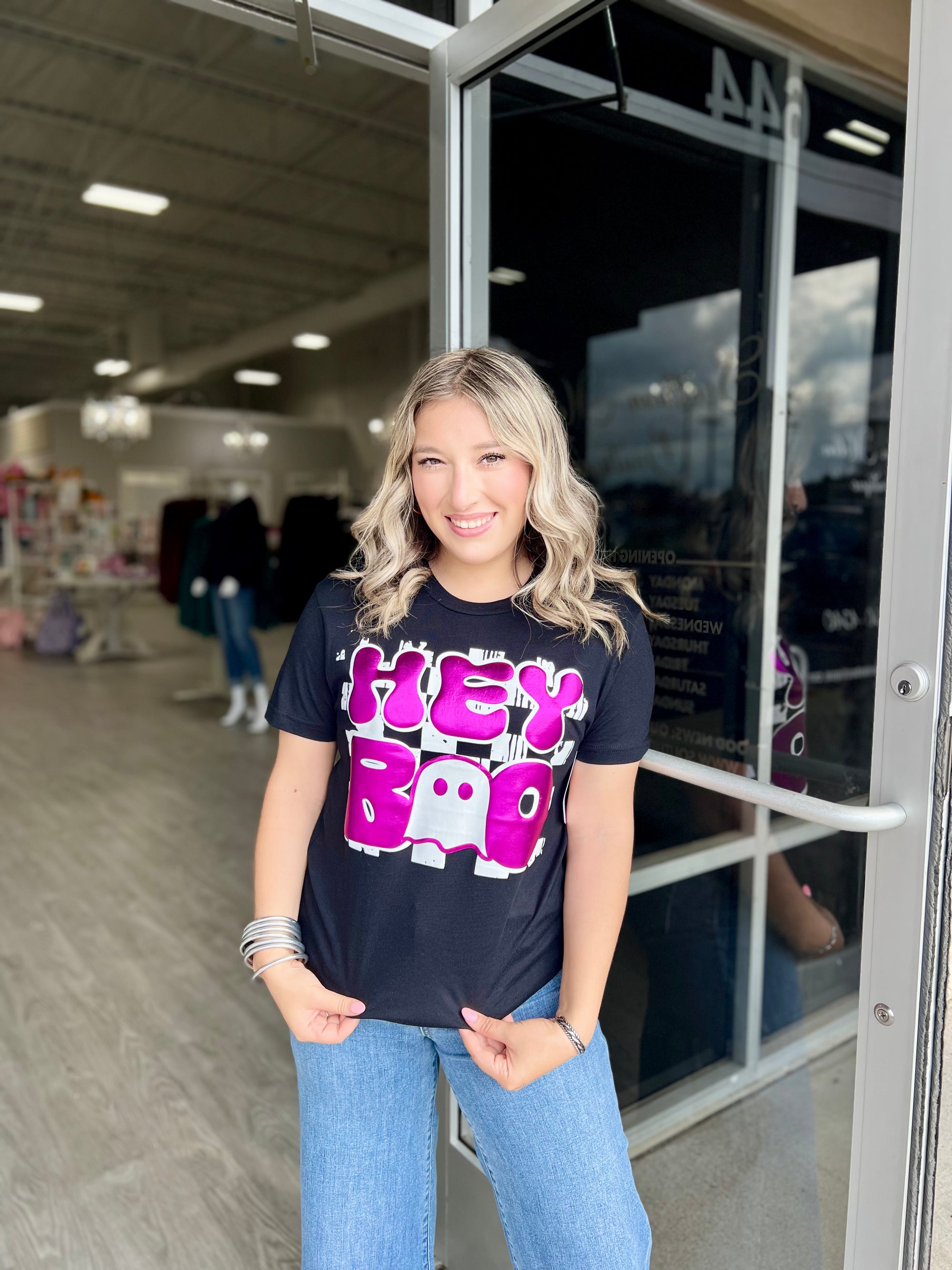 Hey Boo in Pink Metallic Puff Tee