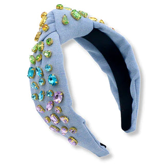 DENIM HEADBAND WITH RAINBOW GRADIENT HAND-SEWN CRYSTALS BRIANNA CANNON
