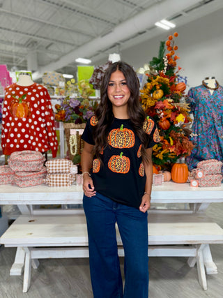 QUEEN OF SPARKLES BLACK LEOPARD PUMPKIN TEE