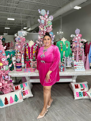 CLAUDIA HOT PINK BOW VELVET DRESS