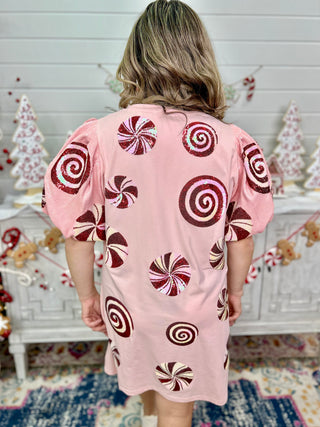 LIGHT PINK SEQUIN POOF SLEEVE PEPPERMINT DRESS
