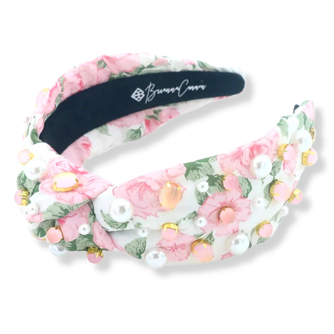 BRIANNA CANNON LIGHT PINK HIBISCUS FLOWER HEADBAND WITH CRYSTALS AND PEARLS