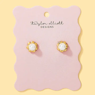 Stud Earrings - 14K Gold-Plated Flowers w/ Pearls - Hampton