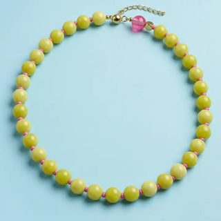 Sunny Beaded Necklace - Yellow Stone + Pink Glass Beads  N-80