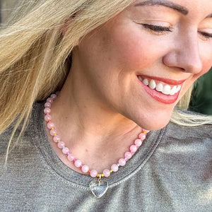 LOTTIE HEART-Beaded Necklace - Pink + Multi-Color W/Dangle Heart