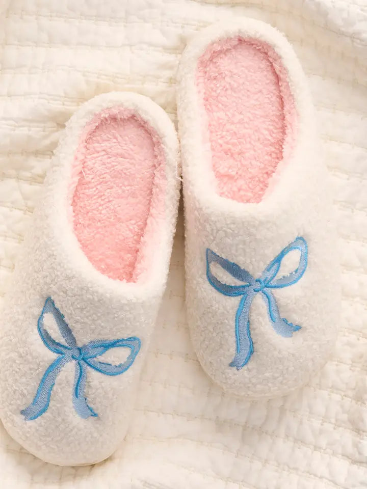 Fuzzy Slippers-Bow Blue