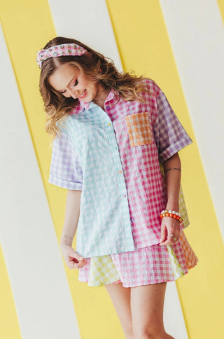 Color Block Gingham Button-Down Shirt