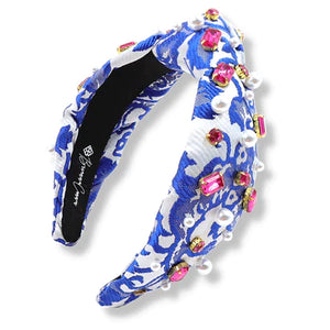 BLUE AND WHITE BROCADE HEADBAND WITH PINK CRYSTALS AND PEARLS BRIANNA CANNON