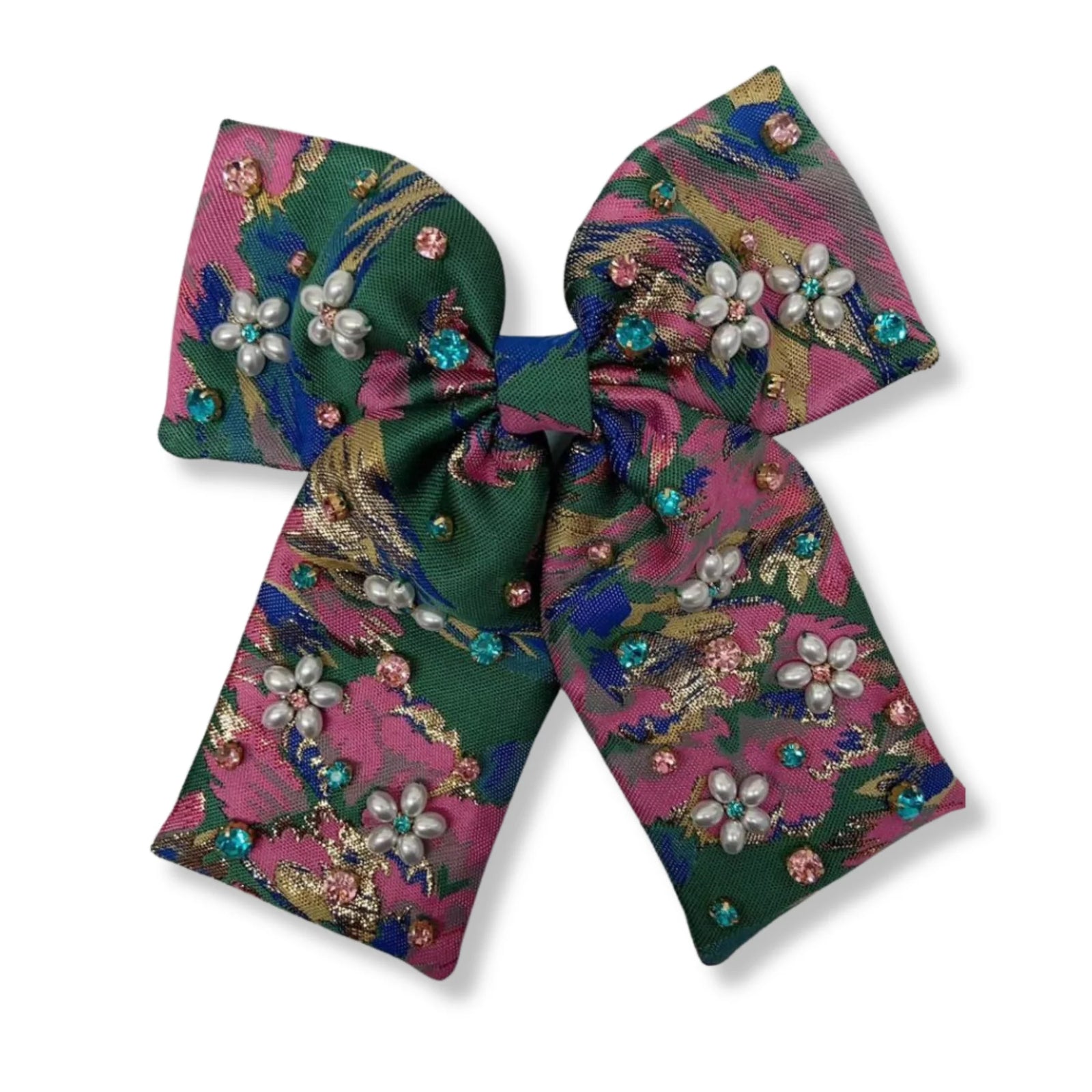 BRIANNA CANNON GREEN & PINK BROCADE BOW CLIP