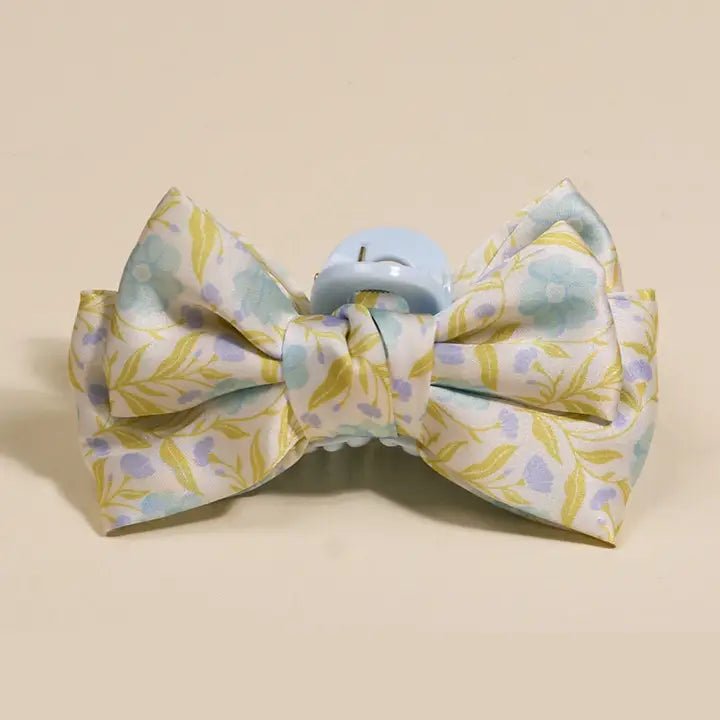 Mini Satin Bow Claw Clip–Poppin' Petals Aqua