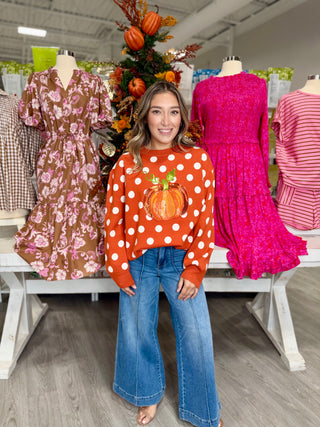QUEEN OF SPARKLES ORANGE POLKADOT PUMPKIN SWEATER