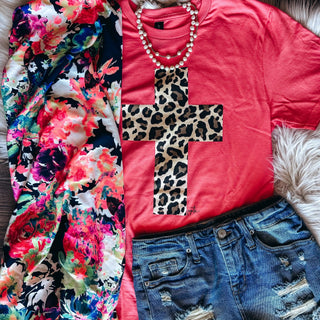 LEOPARD CROSS TEE CORAL