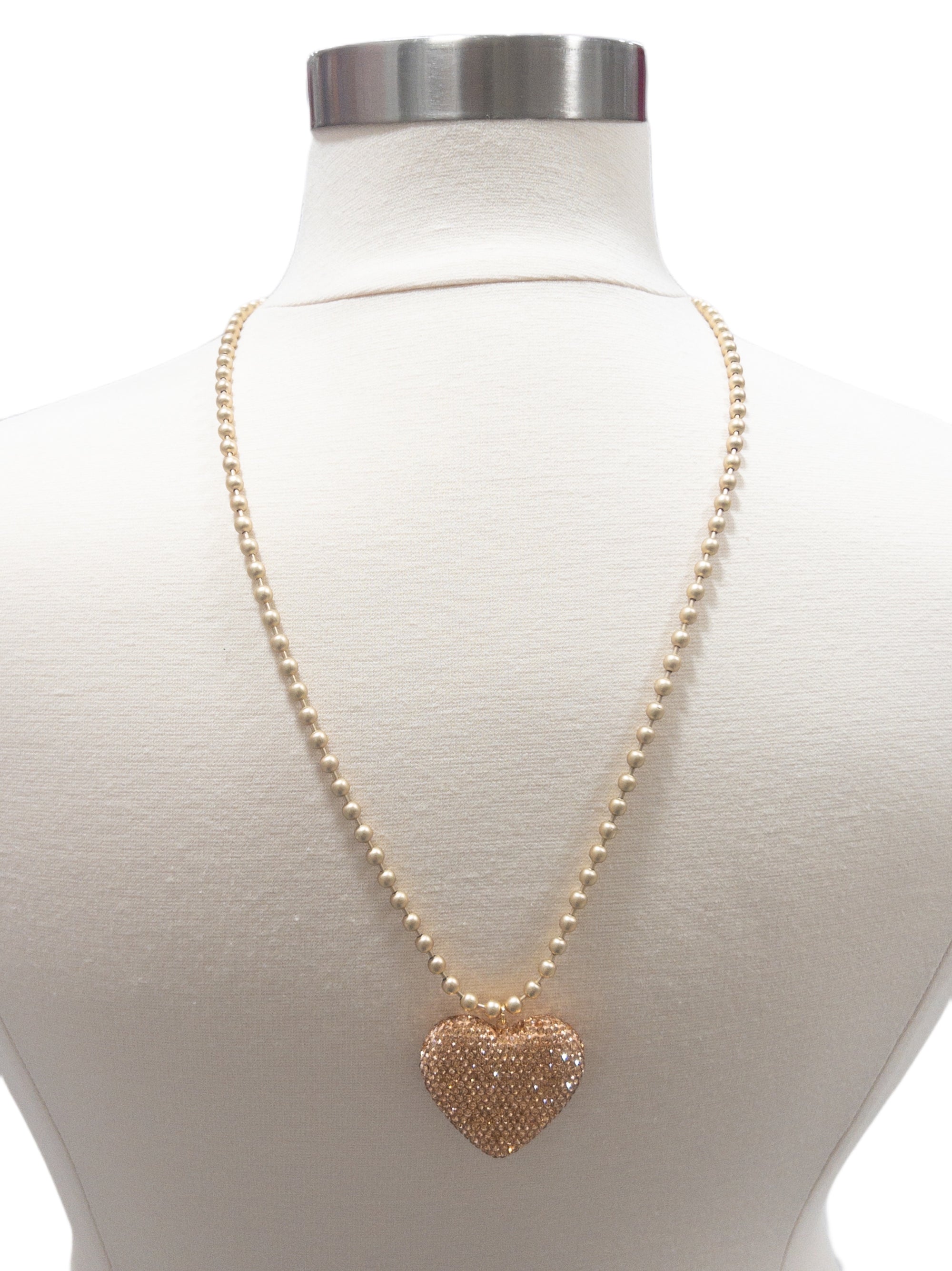 TAN CHAIN CHAMPAGNE RHINESTONE HEART PINK PANACHE  XLONG NECKLACE