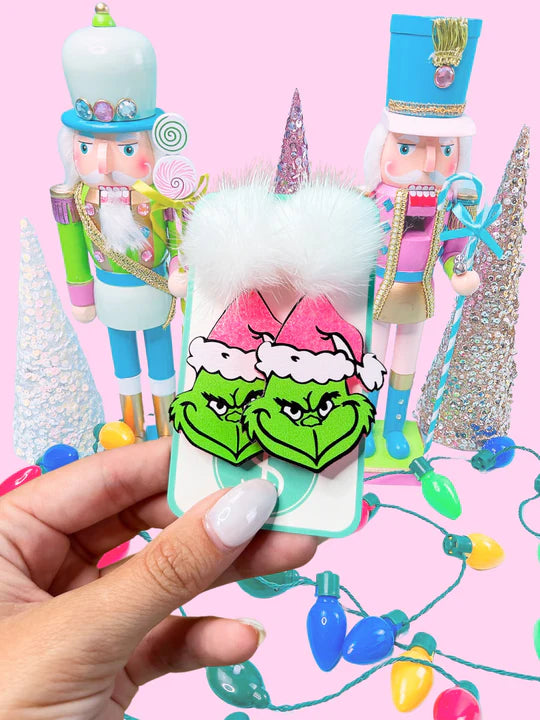 Pink Glitter Pink Grinch Earrings