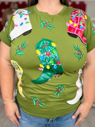 Queen of Sparkles Green Multi Christmas Cowboy Boots Tee