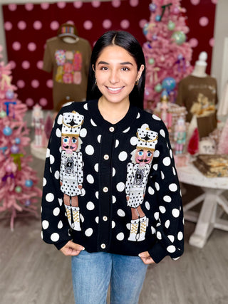 Queen of Sparkles - Black & White Polka Dot Nutcracker in QOS Button Up Cardigan