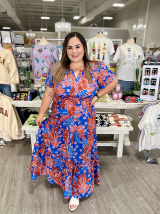 BECCA BLUE FLORAL PALMER MAXI DRESS