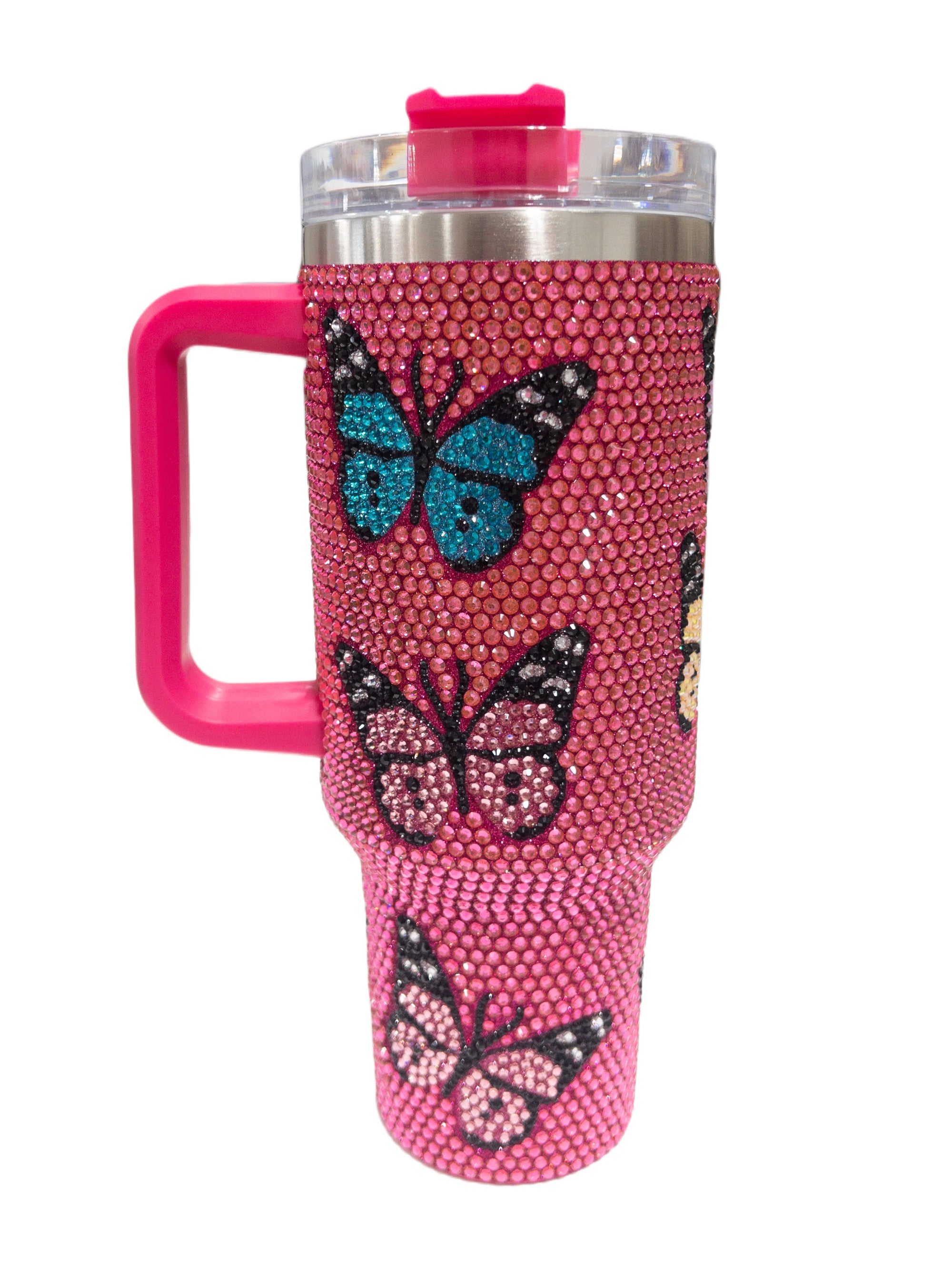 QUEEN OF SPARKLES PINK BUTTERFLY RHINESTONE TUMBLER