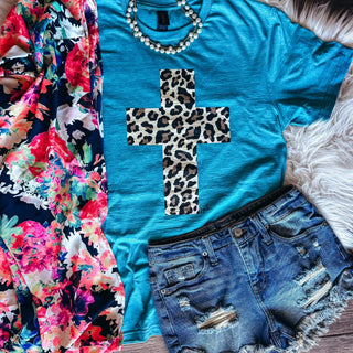 LEOPARD CROSS TEE TEAL