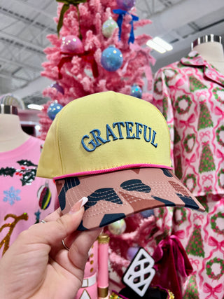 Embroidered Baseball Cap - "Grateful" - Yellow + Camouflage