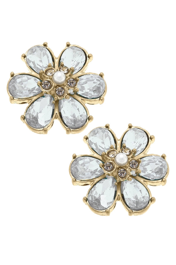 Clear- Brooke Rhinestone & Pearl Flower Stud Earrings