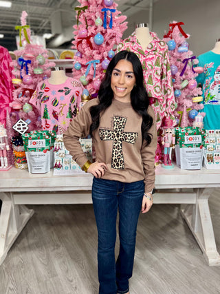 LEOPARD CROSS ON LATTE SWEATSHIRT