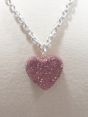 SILVER CHAIN PINK RHINESTONE HEART PINK PANACHE  XLONG NECKLACE