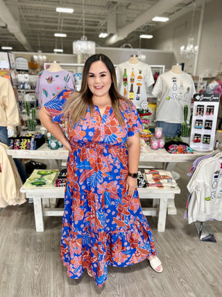 BECCA BLUE FLORAL PALMER MAXI DRESS