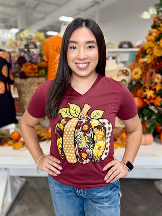 Floral & Patterned Pumpkin V-Neck Tee