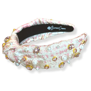 BRIANNA CANNON BLUSH PINK JACQUARD METALLIC HEADBAND WITH CRYSTALS AND PEARLS