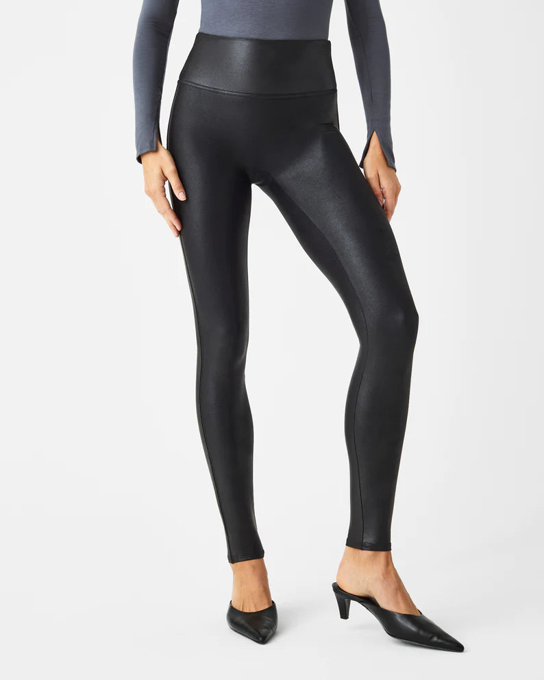 Spanx Petite leather look legging with contoured power waistband in black